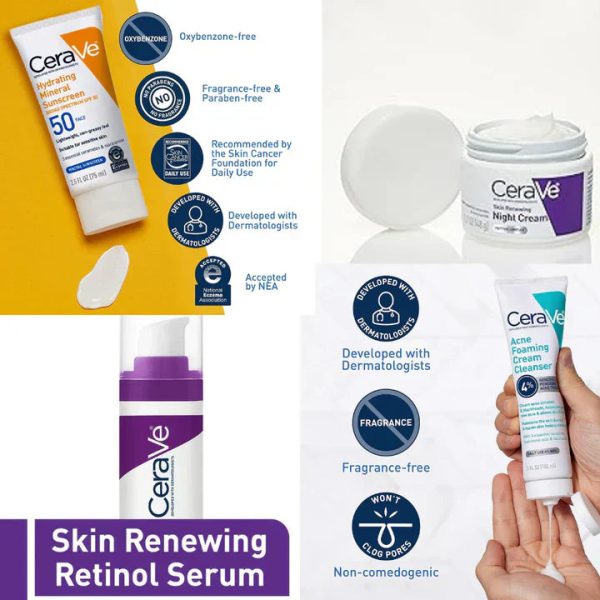 Cerave 4-in-1 Skincare Kit โ Night Cream, Sunblock, Cleanser & Serum for Radiant Skin | Free Delivery